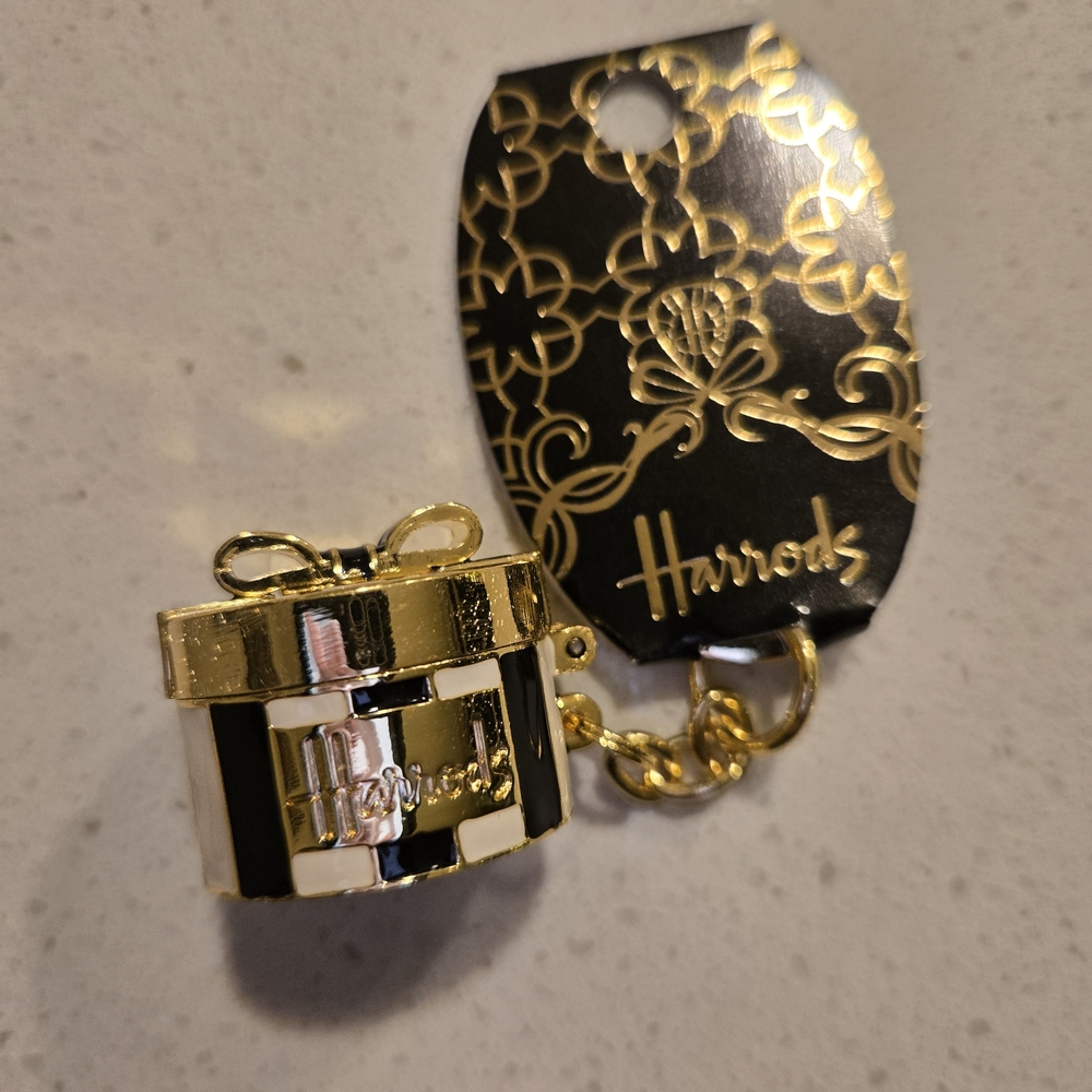 Harrods pill Box Vintage Gold and Black Keychain New With Tag